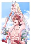  1boy 1girl :t ankle_grab barefoot bikini black_bikini blonde_hair carrying commentary_request d: earrings eating facial_mark fate/grand_order fate_(series) floral_print food food_on_face forehead_mark hair_over_one_eye hamitamako hands_on_another&#039;s_head hood hoodie horns hot_dog ibaraki_douji_(fate/grand_order) ibaraki_douji_(swimsuit_lancer)_(fate) jewelry ketchup leg_tattoo long_hair muscle mustard oni_horns open_clothes open_hoodie open_mouth pointy_ears print_hoodie robin_hood_(fate) sharing_food sharp_toenails shirtless shoulder_carry sweatdrop swimsuit tattoo toenails very_long_hair 