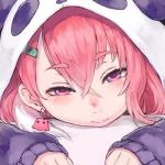  1girl blush earrings eyebrows_visible_through_hair half-closed_eyes hood jewelry lying on_stomach original pink_eyes pink_hair shu-mai sleeves_past_wrists solo 