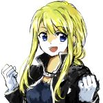  1girl :d bangs black_jacket blonde_hair blue_eyes blue_shirt breasts clenched_hands close-up cosplay edward_elric edward_elric_(cosplay) eyebrows_visible_through_hair fullmetal_alchemist gloves happy jacket long_hair looking_away lowres open_mouth shaded_face shirt simple_background smile solo_focus tsukuda0310 upper_body white_background white_gloves winry_rockbell 