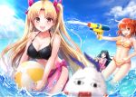  3girls ahoge ball bangs bare_arms bare_shoulders beach beachball bikini black_bikini black_hair black_nails blonde_hair blush breasts cleavage clouds collarbone commentary_request cute day earrings emiya-san_chi_no_kyou_no_gohan ereshkigal_(fate/grand_order) eyebrows eyebrows_visible_through_hair fate/grand_order fate_(series) fujimaru_ritsuka_(female) fur_collar hair_between_eyes hair_ornament hair_ribbon hair_scrunchie holding hoop_earrings infinity ishtar_(fate/grand_order) jacket jewelry kabosu_(anna_neji) light_rays long_hair long_sleeves looking_at_viewer medium_breasts medjed midriff multiple_girls nail_polish navel o-ring o-ring_top ocean one_eye_closed open_mouth orange_eyes orange_hair orange_scrunchie outdoors parted_bangs pink_eyes pink_jacket red_eyes ribbon scrunchie short_hair siblings side-tie_bikini side_ponytail sisters sky standing striped striped_bikini summer sun sunbeam sunlight swimsuit swimsuit_under_clothes teeth thighs tohsaka_rin twintails unzipped water water_gun wet wet_clothes wet_swimsuit white_bikini white_swimsuit 