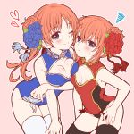  2girls :t ;) ass black_legwear blue_eyes blue_flower blue_leotard blush breasts brown_hair chawa_(chawawa) cleavage cleavage_cutout collarbone dual_persona eyebrows_visible_through_hair flower gintama hair_between_eyes hair_bun hair_flower hair_ornament hand_on_lap kagura_(gintama) leotard long_hair looking_at_viewer medium_breasts multiple_girls one_eye_closed pink_background red_flower red_leotard side_ponytail simple_background small_breasts smile sweatdrop thigh-highs white_legwear 