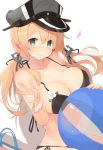  1girl anchor_hair_ornament ball bare_arms beachball bikini black_bikini blonde_hair blush breasts cleavage collarbone commentary_request cowboy_shot eyebrows_visible_through_hair green_eyes hair_between_eyes hair_ornament hair_over_shoulder hat highres kagerou_(shadowmage) kantai_collection large_breasts lips long_hair looking_at_viewer military_hat navel peaked_cap prinz_eugen_(kantai_collection) side-tie_bikini sitting smile swimsuit twintails v white_background 