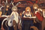  4girls :d animal_ears bare_shoulders black_choker black_legwear black_leotard black_neckwear blue_eyes blue_leotard bottle bow bowtie breasts brown_hair brown_legwear bunny_girl bunnysuit choker cleavage colho_(lansane) detached_collar extra_arms fake_animal_ears gloves grey_hair hair_between_eyes hair_ornament hairband heterochromia highres indoors lansane large_breasts leotard long_hair looking_at_viewer medium_breasts monster_girl multiple_girls necktie one_eye_closed open_mouth orange_eyes orange_hair orange_neckwear orange_ribbon original pantyhose quadriri_(lansane) rabbit_ears red_eyes ribbon scar side-tie_leotard sitting smile standing table tail tail_ribbon torn_clothes torn_pantyhose tsana_(lansane) vararia_(lansane) very_long_hair white_gloves white_leotard wrist_cuffs yellow_eyes 