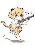  1girl animal_ears blonde_hair blush bow bowtie center_frills commentary_request elbow_gloves eyebrows_visible_through_hair fur_collar gloves gun high-waist_skirt jaguar_(kemono_friends) jaguar_ears jaguar_print jaguar_tail kemono_friends multicolored_hair nenkou-san running short_hair short_sleeves shotgun shotgun_shells skirt solo tail thigh-highs translated weapon zettai_ryouiki 