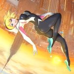  1girl arched_back ass blonde_hair blue_eyes bodysuit breasts city commentary erect_nipples gwen_stacy hairband heroine hood keikyu_(tiltedcube) large_breasts light_blush light_rays looking_at_viewer manhattan marvel medium_breasts midair open_mouth short_hair skin_tight sky smile solo spider-gwen spider-man_(series) spider_web_print sun sunset superhero upside-down 
