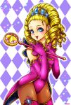  1girl :d argyle argyle_background artist_name blonde_hair blue_eyes blush covered_navel drill_hair elbow_gloves gloves gyakuten_saiban gyakuten_saiban_2 hair_ornament hands_up highres holding holding_wand leotard looking_at_viewer open_mouth pink_gloves pink_legwear pink_leotard rico_(stella_filios) smile solo standing tachimi_rika thigh-highs wand 