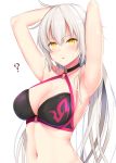  1girl ? ahoge armpits arms_behind_head bangs bikini black_bikini blush breasts choker cleavage collarbone commentary_request eyebrows_visible_through_hair fate/grand_order fate_(series) hair_between_eyes highres jeanne_d&#039;arc_(alter)_(fate) jeanne_d&#039;arc_(alter_swimsuit_berserker) jeanne_d&#039;arc_(fate)_(all) large_breasts long_hair looking_at_viewer navel o-ring open_mouth sidelocks skindentation solo stomach sweatdrop swimsuit takeyuu upper_body very_long_hair yellow_eyes 
