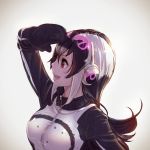  1girl african_penguin_(kemono_friends) black_hair commentary_request eyebrows_visible_through_hair headphones highlights highres kemono_friends long_hair long_sleeves multicolored_hair pink_hair profile salute solo takami_masahiro white_hair 