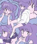  1girl artist_request bangs blue_shirt breasts cleavage commentary english_commentary eyebrows_visible_through_hair from_side hand_on_own_face hood hoodie long_hair long_sleeves looking_at_viewer looking_to_the_side profile purple_footwear purple_hair ranma_1/2 shampoo_(ranma_1/2) shirt short_sleeves very_long_hair white_hoodie 