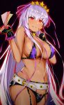 1girl aura bb_(fate)_(all) bb_(swimsuit_mooncancer)_(fate) belt bikini breasts dia earrings erect_nipples evil_grin evil_smile fate/grand_order fate_(series) fingerless_gloves garter_straps gloves glowing glowing_eyes grin gyaru hair_ribbon holding_money jewelry large_breasts long_hair nail_polish nanasumin naughty_face navel open_fly purple_bikini purple_hair red_eyes ribbon short_shorts shorts smile solo star star_earrings swimsuit tan very_long_hair 