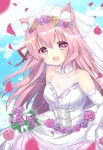  1girl :d animal_ear_fluff animal_ears azur_lane bangs bare_shoulders blue_sky blush breasts bridal_veil brown_flower cat_ears clouds commentary_request day dress elbow_gloves eyebrows_visible_through_hair flower gloves hair_between_eyes hair_flower hair_ornament hamikoron head_tilt highres kisaragi_(azur_lane) looking_at_viewer medium_breasts open_mouth outdoors petals pink_flower pink_hair pink_rose purple_flower rose see-through sky sleeveless sleeveless_dress smile solo veil violet_eyes wedding_dress white_dress white_gloves yellow_flower 