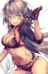  1girl :d amirun belt bikini black_bikini black_gloves breasts cleavage eyebrows_visible_through_hair fate/grand_order fate_(series) floating_hair gloves hair_between_eyes holding holding_sword holding_weapon jeanne_d&#039;arc_(alter_swimsuit_berserker) jeanne_d&#039;arc_(fate)_(all) large_breasts leaning_forward long_hair looking_at_viewer navel o-ring o-ring_bikini open_mouth sideboob silver_hair smile solo standing swimsuit sword very_long_hair weapon white_background yellow_eyes 