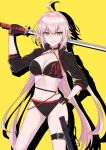  1girl absurdres ahoge bikini black_bikini black_gloves breasts choker cleavage collarbone eyebrows_visible_through_hair fate/grand_order fate_(series) floating_hair gloves grin hair_between_eyes hand_on_hip hayata_(ayasaki_index) highres holding holding_sword holding_weapon jeanne_d&#039;arc_(alter_swimsuit_berserker) jeanne_d&#039;arc_(fate)_(all) katana large_breasts long_hair o-ring print_bikini_top shadow sheath shiny shiny_hair silver_hair simple_background smile solo swimsuit sword thigh_strap very_long_hair weapon yellow_background yellow_eyes 