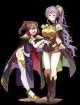  2girls absurdres anklet blush boots bow breastplate bridal_gauntlets brown_eyes brown_hair cape closed_mouth cosplay costume_switch dress dyute_(fire_emblem) dyute_(fire_emblem)_(cosplay) elbow_gloves fang fire_emblem fire_emblem:_seisen_no_keifu fire_emblem_echoes:_mou_hitori_no_eiyuuou fire_emblem_heroes gloves hair_bow high_heel_boots high_heels highres ishtar_(fire_emblem) ishtar_(fire_emblem)_(cosplay) jewelry lavender_hair long_hair multiple_girls open_mouth ponytail shoulder_pads side_slit standing standing_on_one_leg valcard992 violet_eyes white_gloves yellow_bow 