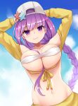  1girl arms_behind_head bandeau bangs bare_shoulders bb_(fate)_(all) bb_(swimsuit_mooncancer)_(fate) between_breasts bikini blush braid breast_lift breasts closed_mouth eyebrows_visible_through_hair fate/grand_order fate_(series) hair_between_breasts hat highres large_breasts long_braid long_hair looking_at_viewer navel oshishio purple_hair shirt single_braid skirt smile solo star swimsuit tied_shirt upper_body very_long_hair violet_eyes white_bikini white_hat yellow_shirt yellow_skirt 
