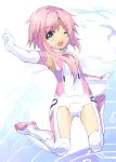  1girl absurdres bare_shoulders blue_eyes blush breasts covered_navel elbow_gloves eyebrows_visible_through_hair full_body gloves highres jumping long_hair looking_at_viewer neptune_(series) normaland one_eye_closed open_mouth pink_hair power_symbol short_hair_with_long_locks single_sidelock small_breasts smile solo symbol-shaped_pupils white_sister_ram 