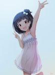  1girl :d arm_up armpits artist_name bangs bare_arms bare_shoulders basa_rutan black_hair blue_background blue_bow blush bow breasts brown_eyes collarbone dress eyebrows_visible_through_hair flower gradient gradient_background hair_bow hair_flower hair_ornament hand_up highres idolmaster idolmaster_million_live! leaning_to_the_side nakatani_iku one_side_up open_mouth sleeveless sleeveless_dress small_breasts smile socks solo standing standing_on_one_leg v white_dress white_flower 