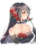  1girl alternate_costume bare_shoulders black_gloves black_neckwear breasts choker cleavage collarbone elbow_gloves expressionless flower folks_(nabokof) gloves hair_flower hair_ornament holding holding_flower looking_away medium_breasts profile red_flower red_rose rose simple_background solo tales_of_(series) tales_of_berseria upper_body velvet_crowe white_background yellow_eyes 