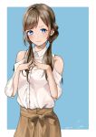  1girl absurdres bangs blue_eyes blush brown_hair brown_skirt cyan_328 dress_shirt hair_over_shoulder highres long_hair looking_at_viewer low_twintails original parted_bangs shirt shoulder_cutout skirt smile solo standing twintails white_shirt 