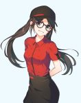  1girl :d apron arms_behind_back baseball_cap black-framed_eyewear black_apron black_hair black_hat blue_background blue_eyes collared_shirt commentary_request glasses grin hat head_tilt highres idolmaster idolmaster_shiny_colors kotoribako long_hair mitsumine_yuika open_mouth red_shirt shirt short_sleeves simple_background smile solo teeth twintails upper_body waist_apron 