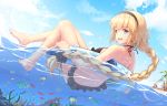 2018 2girls ahoge bangs bare_legs bare_shoulders barefoot beach beach_umbrella bird black_swimsuit blonde_hair blue_eyes braid breasts clouds cloudy_sky dated dutch_angle fate/grand_order fate_(series) fish floral_print from_behind from_below hairband highres in_water jeanne_d&#039;arc_(fate) jeanne_d&#039;arc_(fate)_(all) lens_flare lifebuoy long_hair looking_at_viewer looking_back multiple_girls ocean open_mouth palm_tree shenhai_(2556146833) sideboob signature single_braid sky smile submerged swimsuit teeth tree umbrella very_long_hair wet wet_clothes wet_hair wet_swimsuit