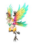  1girl :d bare_shoulders braid claws colorful copyright_request crop_top feathers full_body glint green_hair harpy highres looking_at_viewer monster_girl multicolored multicolored_wings navel open_mouth ponytail short_shorts shorts simple_background smile solo tail violet_eyes white_background wings yuuji_(and) 
