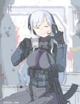  1girl ak-12_(girls_frontline) blood blood_on_face boca closed_eyes cup ear_protection eyebrows_visible_through_hair girls_frontline gloves gun headphones headset long_hair rifle silver_hair sitting uniform v vest weapon 