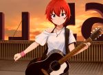  1girl bangs bare_shoulders basa_rutan blue_eyes closed_mouth clouds dated eyebrows_visible_through_hair facial_mark guitar hair_between_eyes head_tilt highres holding holding_instrument idolmaster idolmaster_million_live! instrument julia_(idolmaster) looking_at_viewer off_shoulder outdoors plectrum railing redhead rooftop shirt short_hair short_sleeves signature sky smile solo standing star sunset white_shirt 