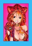  1girl animal_hat animal_print armband bare_shoulders bikini_top blue_border border bracelet breasts brown_eyes chain chains choker cleavage gloves gold_chain hat highres jewelry large_breasts long_hair nami_(one_piece) necklace one_piece orange_hair portrait purple_background ring sherumaru_(korcht06) simple_background solo tiger_hat tiger_print tiger_stripe_bikini tiger_stripes watch 