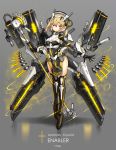  1girl blonde_hair bodysuit breastplate breasts closed_mouth commentary_request cyborg eyebrows_visible_through_hair full_body gia glowing glowing_weapon grey_background headgear highres looking_at_viewer mecha_musume mechanical_arms medium_breasts original pelvic_curtain science_fiction short_hair solo standing thigh-highs weapon yellow_eyes 