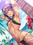  1girl arm_garter armpits artist_name blue_sky blush breasts clouds dark_skin dosu_(doseven) facial_tattoo flower highres looking_at_viewer medium_breasts navel o-ring o-ring_top ocean open_mouth original palm_tree purple_hair short_hair sky solo stomach_tattoo swimsuit tattoo tree wet yellow_eyes 