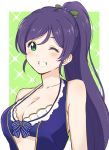  1girl ;d alternate_hairstyle bangs bare_shoulders bikini bikini_top blue_bikini blue_vest blush breasts cleavage collarbone frilled_bikini frills front-tie_bikini front-tie_top green_eyes grin hair_bobbles hair_ornament long_hair looking_at_viewer love_live! love_live!_school_idol_project medium_breasts one_eye_closed open_mouth purple_hair ribbon shibasaki_shouji smile solo sparkle_background striped striped_ribbon swept_bangs swimsuit teeth toujou_nozomi two-tone_background upper_body very_long_hair vest 