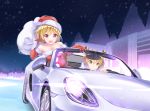  2girls :d absurdres antlers bangs bare_shoulders blonde_hair blush breasts car cityscape closed_mouth collarbone commentary_request dress driving elbow_gloves eyebrows_visible_through_hair fur-trimmed_dress fur-trimmed_gloves fur-trimmed_hat fur_trim gloves green_eyes ground_vehicle hair_between_eyes hand_up hat highres holding holding_sack medium_breasts merry_christmas motor_vehicle multiple_girls night night_sky open_mouth original outdoors red_dress red_gloves red_hat sack sagaradai santa_costume santa_gloves santa_hat sky smile snowing star_(sky) starry_sky strapless strapless_dress strapless_santa_dress vehicle_request violet_eyes 