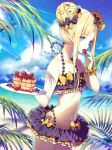  1girl abigail_williams_(fate/grand_order) bangs bare_legs bare_shoulders beach bikini blonde_hair blue_eyes bow bracelet cake clouds cloudy_sky eating fate/grand_order fate_(series) food frilled_bikini frills fruit hair_bow hair_ornament holding holding_tray jewelry kinokohime long_hair looking_away navel ocean outdoors palm_tree pancake parted_bangs polka_dot polka_dot_bow shadow sky solo strawberry swimsuit tray tree 
