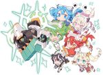  6+girls aqua_eyes armor black_hair blade_(galaxist) blonde_hair blue_eyes blue_hair blush busou_shinki clenched_hand eyebrows_visible_through_hair fang floating_hair food gloves green_hair headgear heterochromia high_ponytail long_hair multicolored_hair multiple_girls official_art open_mouth outstretched_arm pink_eyes red_eyes redhead short_hair side_ponytail simple_background sushi twintails two-tone_hair white_background white_hair yellow_eyes 