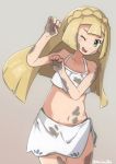  1girl bikini blonde_hair braid creatures_(company) crown_braid dirty_clothes dirty_face game_freak green_eyes grey_background harisen1012 highres lillie_(pokemon) long_hair mud nintendo one_eye_closed open_mouth pokemon pokemon_(anime) pokemon_sm_(anime) sarong simple_background solo swimsuit twitter_username white_bikini white_sarong 