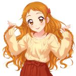  1girl :p absurdres aikatsu! aikatsu!_(series) alternate_hairstyle arisugawa_otome big_hair blush bow braid commentary_request hair_bow hair_down hands_up head_tilt high-waist_skirt highres long_hair long_sleeves orange_eyes red_bow red_skirt sekina simple_background skirt smile solo sweater tongue tongue_out white_background 