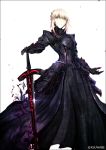  1girl armor armored_dress artoria_pendragon_(all) black_armor black_dress black_gloves blonde_hair closed_mouth cowboy_shot dark_excalibur dress fate/stay_night fate_(series) gloves kei-suwabe looking_at_viewer saber_alter short_hair simple_background solo sword twitter_username weapon white_background yellow_eyes 