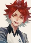  1boy :d bangs collared_shirt commentary_request fangs highres inazuma_eleven inazuma_eleven_(series) looking_at_viewer male_focus murasaki_(fioletovyy) nagumo_haruya open_mouth raglan_sleeves red_lips redhead shirt smile solo spiky_hair symbol-shaped_pupils upper_body white_background wing_collar yellow_eyes 