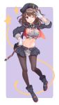  1girl ;d arm_up azur_lane bangs beret black_footwear black_hat black_sailor_collar black_skirt boots bow breasts brown_hair brown_legwear commentary_request eyebrows_visible_through_hair full_body gloves grey_shirt hair_between_eyes hair_ribbon hat head_tilt highres iron_cross long_hair long_sleeves looking_at_viewer medium_breasts midriff navel one_eye_closed open_mouth pantyhose pink_bow pleated_skirt purple_background ribbon sailor_collar shiosoda shirt sideboob skirt sleeveless sleeveless_shirt smile solo star two-tone_background v violet_eyes white_background white_gloves z35_(azur_lane) 