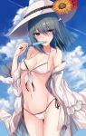  1girl bangs bare_shoulders bikini blue_eyes breasts clouds cloudy_sky collarbone commentary_request day eyebrows_visible_through_hair flower food front-tie_bikini front-tie_top green_hair hair_between_eyes hat hat_flower hat_ribbon highres holding holding_food jacket jacket_over_swimsuit kinona long_hair medium_breasts original popsicle ribbon side-tie_bikini sky solo sun_hat swimsuit tongue tongue_out white_bikini white_jacket 