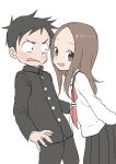  1boy 1girl :d absurdres bangs black_hair black_jacket black_pants black_sailor_collar black_skirt blush brown_eyes brown_hair commentary_request from_side highres jacket karakai_jouzu_no_takagi-san leaning_forward long_hair long_sleeves looking_at_viewer looking_to_the_side neckerchief nishikata open_mouth pants parted_bangs pleated_skirt sailor_collar sanpaku simple_background skirt smile takagi-san white_background wide-eyed yamamoto_souichirou 