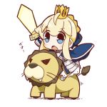  1girl ahoge armor artoria_pendragon_(all) blonde_hair blue_eyes bow braid chibi crown eyebrows_visible_through_hair eyes_visible_through_hair fangs fate/grand_order fate_(series) gauntlets hair_between_eyes hair_bow highres lion nuu_(nu-nyu) open_mouth riding saber solo sword weapon 