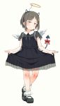  1girl ano_ko_wa_toshi_densetsu beige_background black_dress black_footwear blush bobby_socks bow brown_eyes brown_hair closed_mouth demon_tail dress fake_halo fake_horns feathered_wings flower full_body gomennasai hair_flower hair_ornament head_tilt looking_at_viewer mary_janes orange_flower pleated_dress red_bow shoes simple_background skirt_hold socks solo standing tail tail_bow white_legwear white_wings wings zangyaku-san 