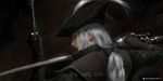  1girl artist_name bloodborne bow brown_gloves dark_background dual_wielding eyelashes from_behind gloves hair_bow hat highres holding lady_maria_of_the_astral_clocktower lips looking_at_viewer looking_back low_ponytail patreon_username ponytail realistic silver_hair solo sword the_old_hunters tricorne upper_body watermark weapon web_address wlop 