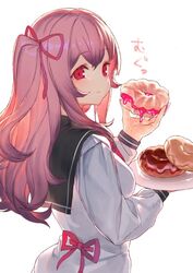  1girl black_sailor_collar closed_mouth commentary_request copyright_request eating hair_ribbon holding izumi_sai long_sleeves looking_at_viewer looking_back one_side_up pastry pink_hair plate red_eyes red_ribbon ribbon sailor_collar school_uniform serafuku shirt solo white_shirt 