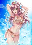  1girl ;o anchor_necklace arms_up bang_dream! bangle bangs bikini bracelet breasts brown_hair cleavage commentary_request cowboy_shot eyebrows_visible_through_hair flower frilled_bikini frills groin hair_flower hair_ornament half_updo hand_in_hair highres imai_lisa jewelry kenkou_toshikou long_hair looking_at_viewer medium_breasts midriff navel necklace o-ring o-ring_bikini one_eye_closed side-tie_bikini solo sparkle swimsuit water_drop wet yellow_eyes 