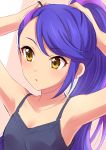  1girl aikatsu!_(series) aikatsu_stars! bangs blue_hair breasts camisole eyebrows_visible_through_hair hair_tie hands_up highres kisaragi_tsubasa light_blush parted_lips ponytail purple_hair sekina small_breasts solo tying_hair upper_body yellow_eyes 