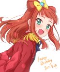  1girl :d aikatsu!_(series) aikatsu_stars! aqua_eyes bangs bell blunt_bangs bow commentary_request dated epaulettes fang from_behind hair_bell hair_bow hair_ornament happy_birthday highres jacket jingle_bell lips long_hair long_sleeves looking_at_viewer looking_back open_mouth red_jacket red_ribbon redhead ribbon s4_uniform saotome_ako sekina simple_background smile solo white_background yellow_bow 