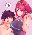  1boy 1girl blush breasts earrings hair_ornament pyra_(xenoblade) hug jewelry large_breasts long_hair looking_at_viewer navel ooshima_aki red_eyes redhead rex_(xenoblade_2) short_hair simple_background smile tiara xenoblade_(series) xenoblade_2 